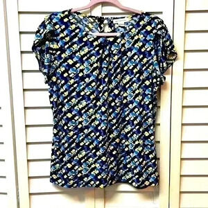 Liz Claiborne Short Flutter Sleeve Stretch Top Size Large Blue, White & Yellow